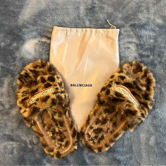 Balenciaga Brown Leopard Faux Fur Slide Slippers